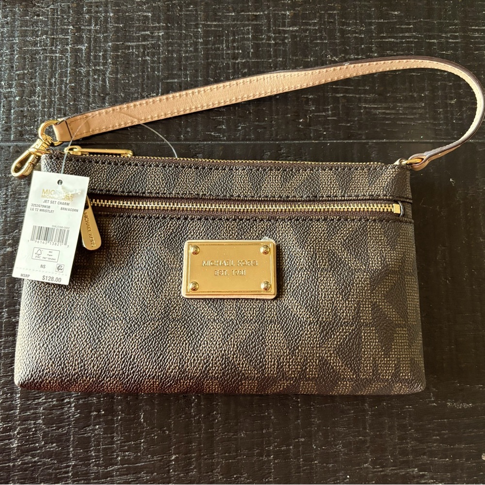 Michael Kors Zip Around Mini Wristlet Clutch Brown Gold Logo Signature MK NWT